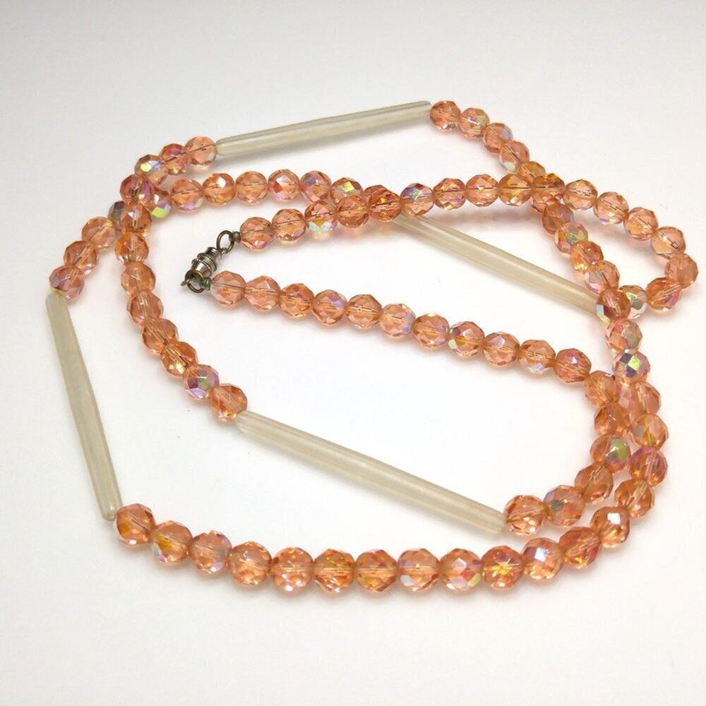 Pink Czech 8mm Beaded Long Necklace, Unique Clear Tubular Accent Beads, 38 Inch